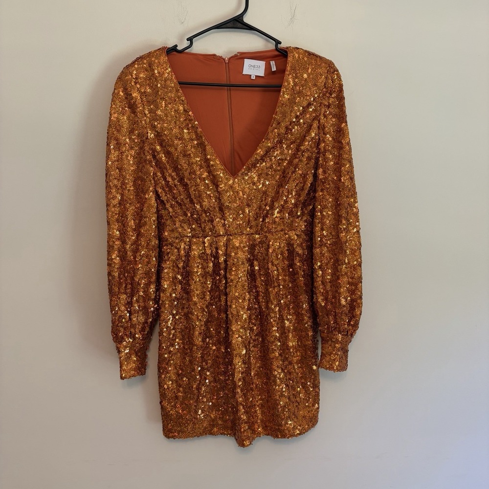 ONE33 Social Orange Sequin Long-Sleeve Cocktail Mini Dress Sz 4 Formal Party